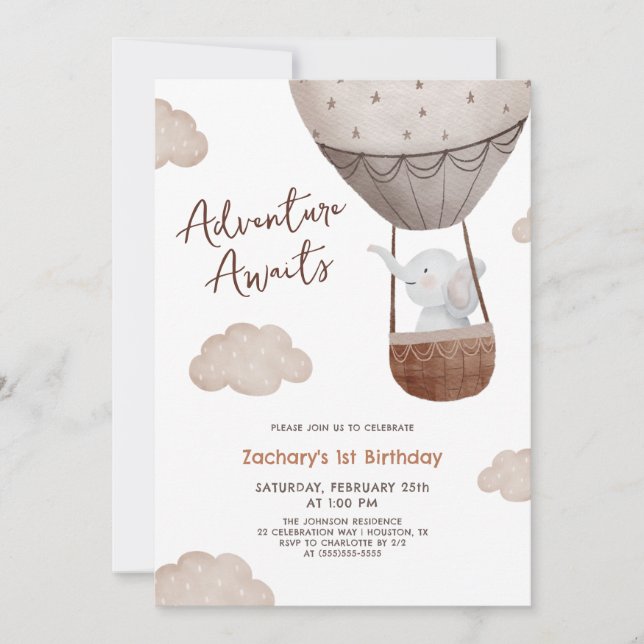 Adventure Awaits Hot Air Balloon 1st Birthday Invitation (Front)