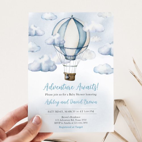 Adventure Awaits Hot Air Balloon Baby Shower Invitation