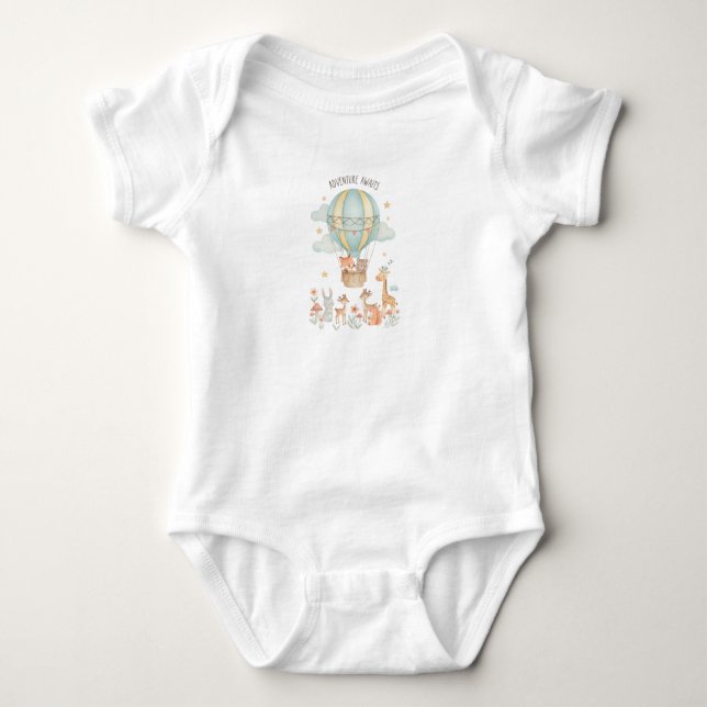 Adventure Awaits" Hot Air Balloon Cute Animals Baby Bodysuit (Front)
