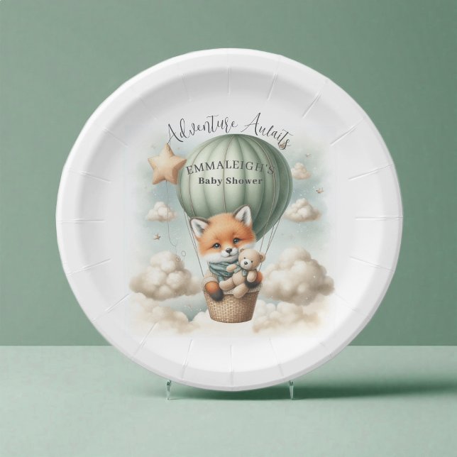 Adventure Awaits Hot Air Balloon Fox Baby Shower Paper Plates (Creator Uploaded)
