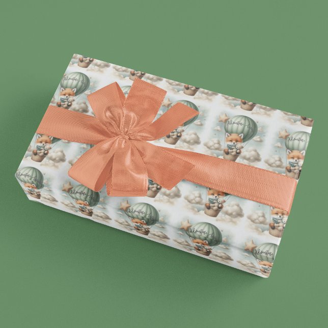 Adventure Awaits Hot Air Balloon Fox Baby Shower Wrapping Paper (Creator Uploaded)