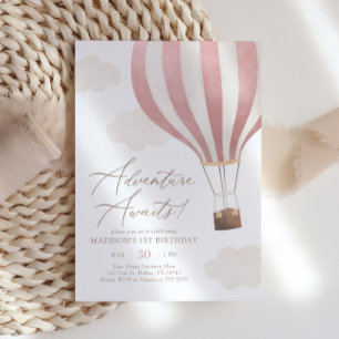 Adventure Awaits Hot Air Balloon Girl 1st Birthday Invitation