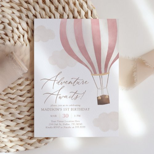 Adventure Awaits Hot Air Balloon Girl 1st Birthday Invitation