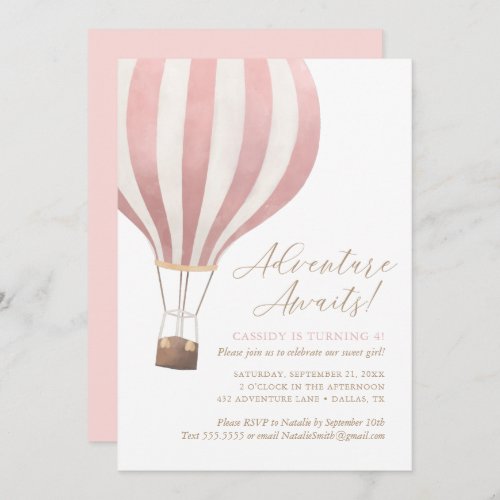 Adventure Awaits Hot Air Balloon Girl Birthday Invitation