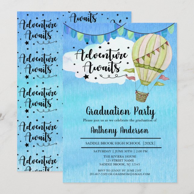 Adventure Awaits Hot Air Balloon Graduation Party Invitation (Front/Back)