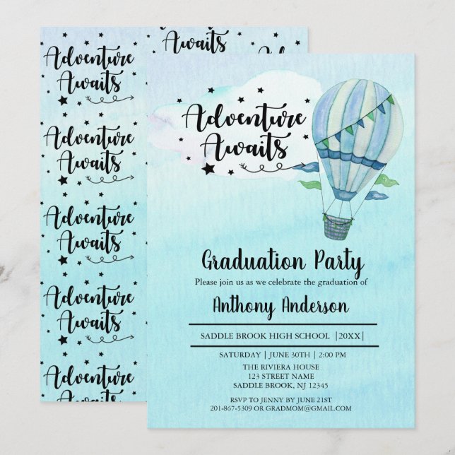Adventure Awaits Hot Air Balloon Graduation Party Invitation (Front/Back)