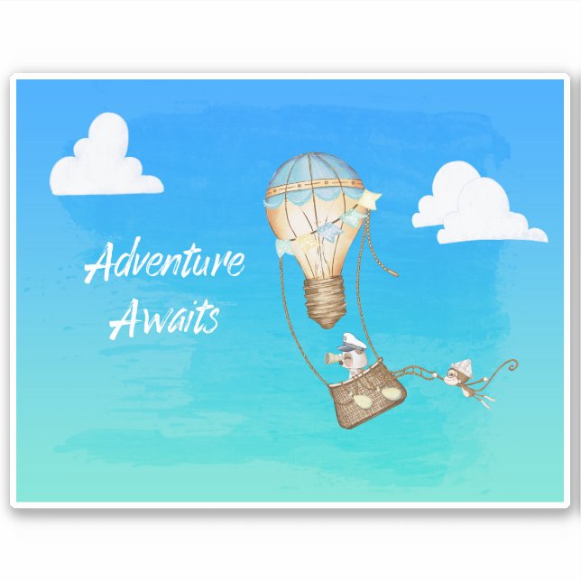 Adventure Awaits Hot Air Balloon Monkey Animals Sticker (Front)
