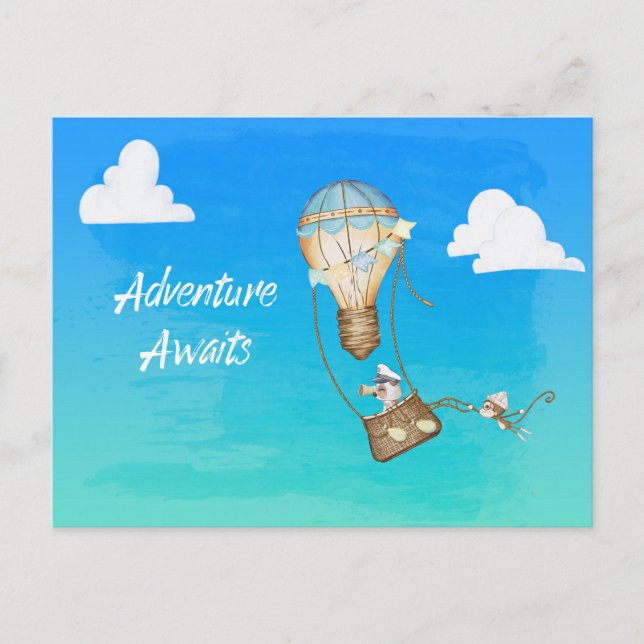 Adventure Awaits Hot Air Balloon Monkey Postcard (Front)