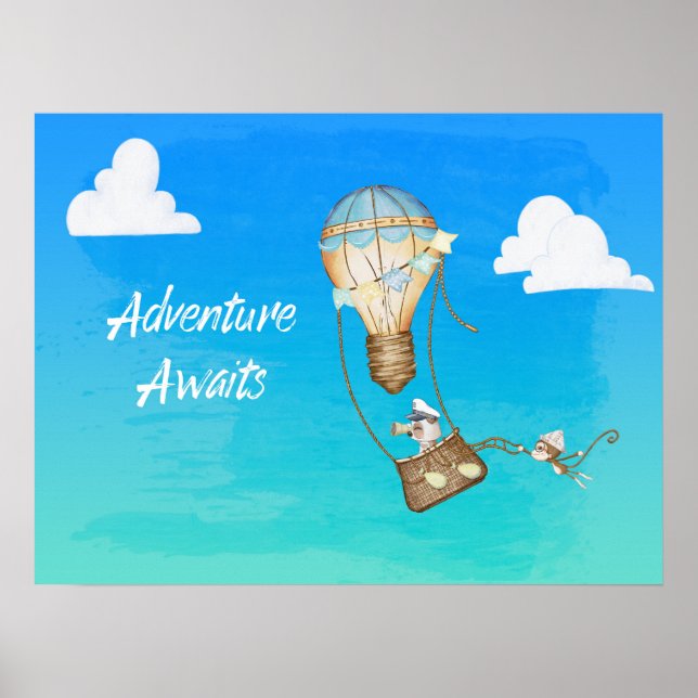 Adventure Awaits Hot Air Balloon Monkey  Poster (Front)