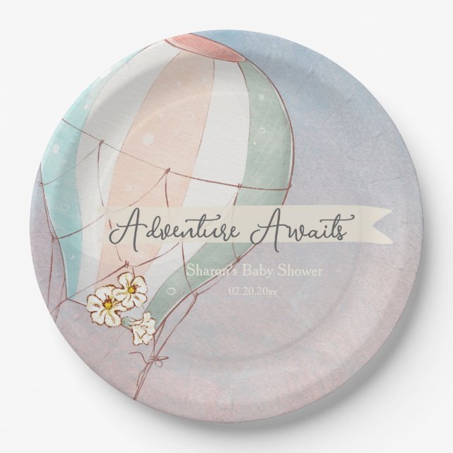 Adventure Awaits Hot Air Balloon Paper Plates (Front)