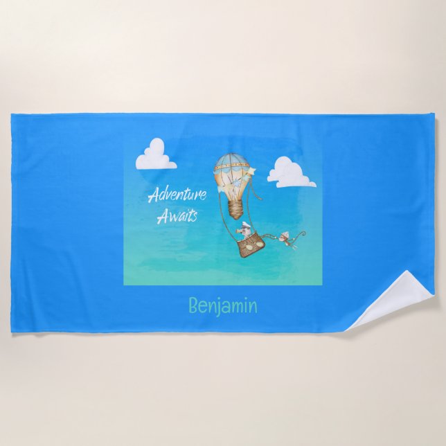 Adventure Awaits Hot Air Balloon Personalized Beach Towel (Front)