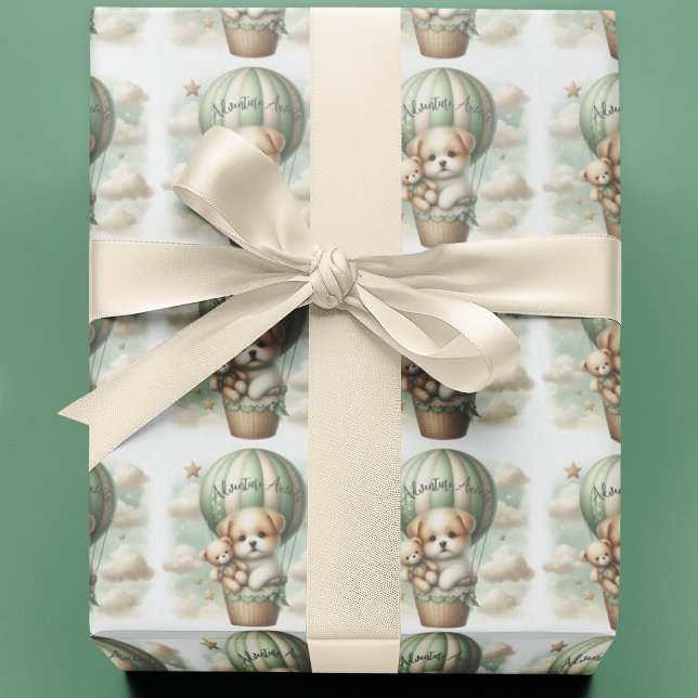 Adventure Awaits Hot Air Balloon Puppy Baby Shower Wrapping Paper (Creator Uploaded)