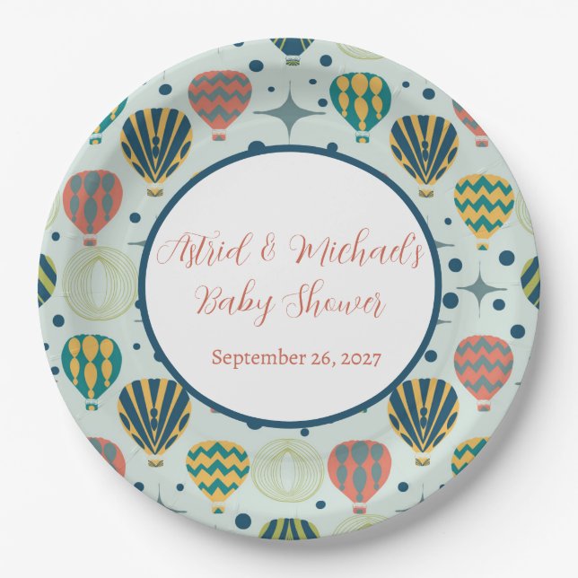 Adventure Awaits Hot Air Balloon Sage Baby Shower Paper Plates (Front)