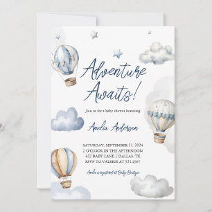 Adventure Awaits Hot Air Blue Balloon Baby Shower Invitation