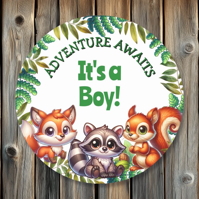 Adventure Awaits It's a Boy Baby Shower Classic Round Sticker (Creator Uploaded)