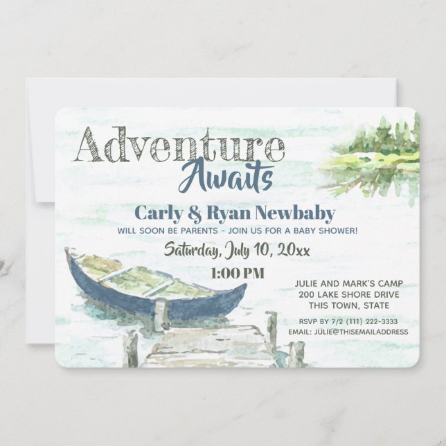 Adventure Awaits Lake and Canoe Baby Shower Invitation (Front)