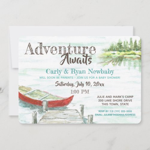 Adventure Awaits Lake and Canoe Baby Shower Invitation