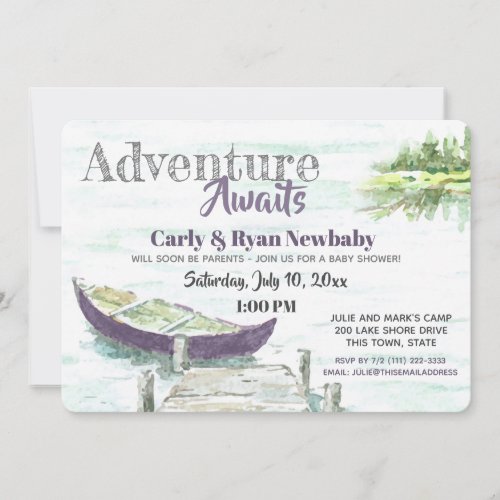 Adventure Awaits Lake and Purple Canoe Baby Shower Invitation