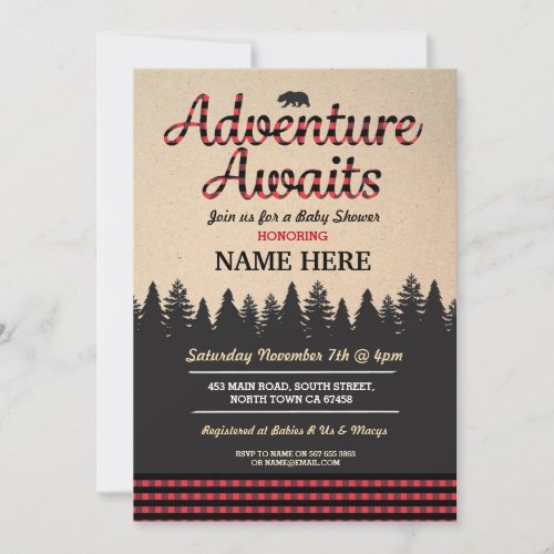 Adventure Awaits Lumberjack Baby Shower Red Invite