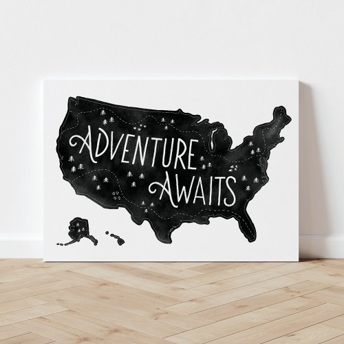 Adventure Awaits Map Woodland Nursery Decor Faux Canvas Print