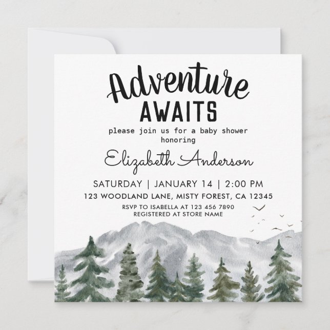 Adventure Awaits Misty Forest Boy Baby Shower  Invitation (Front)
