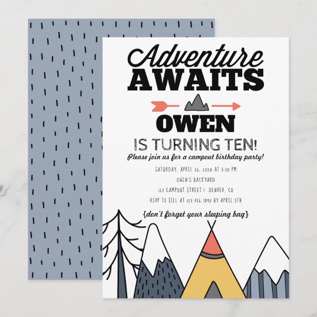 Adventure Awaits Modern Camp Out Birthday Party Invitation (Front/Back)