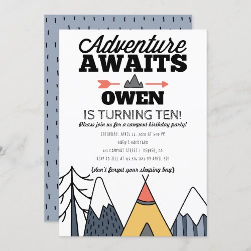 Adventure Awaits Modern Camp Out Birthday Party Invitation