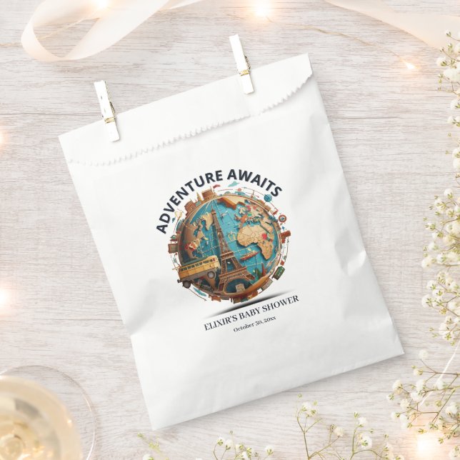 Adventure Awaits Modern Globe Baby Shower Favor Bag (Clipped)