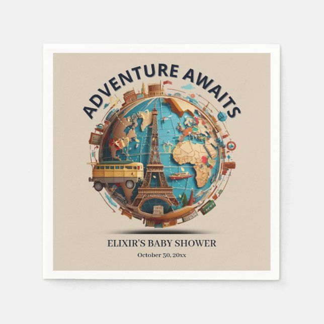 Adventure Awaits Modern Globe Baby Shower Napkins (Front)