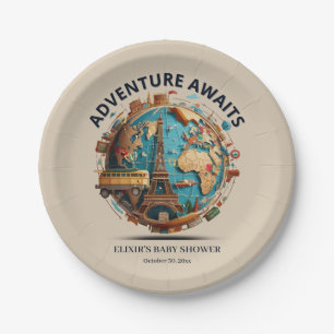Adventure Awaits Modern Globe Baby Shower Paper Plates
