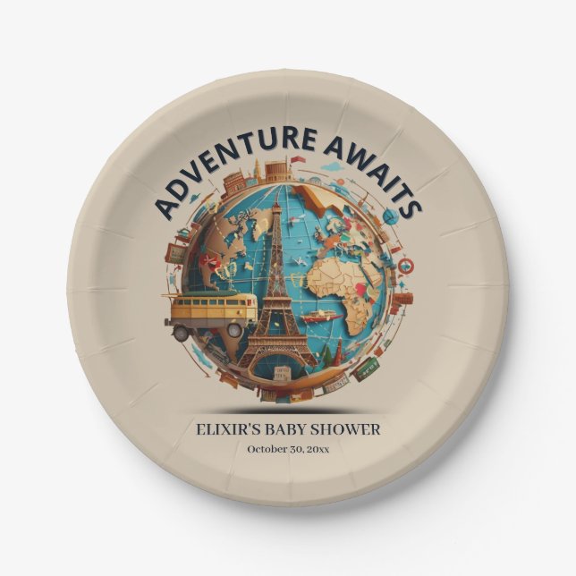 Adventure Awaits Modern Globe Baby Shower Paper Plates (Front)