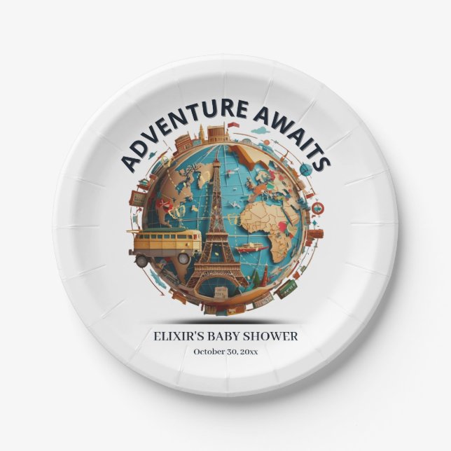 Adventure Awaits Modern Globe Baby Shower Paper Plates (Front)