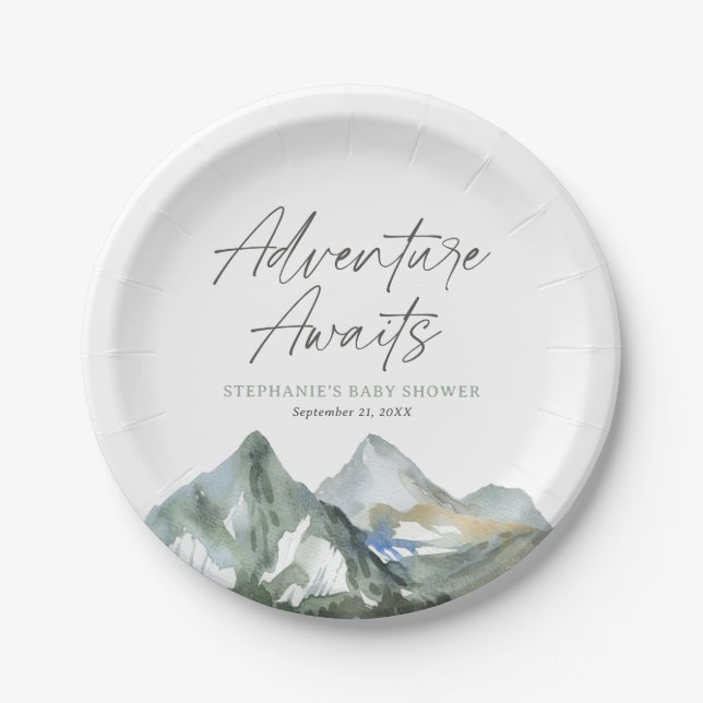 Adventure Awaits Mountain Boy Baby Shower Paper Plates (Front)