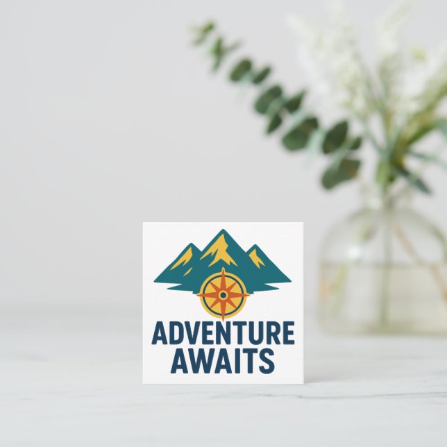 Adventure Awaits – Mountain & Compass Car Decal Square Business Card (Standing Front)