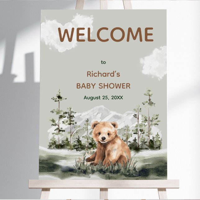 Adventure awaits mountain forest bear baby shower foam board (Cute watercolor forest bear baby shower, woodland theme, sage green, earthy colors, neutral )