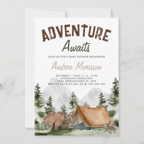 Adventure Awaits Mountain Forest Bear Baby Shower Invitation
