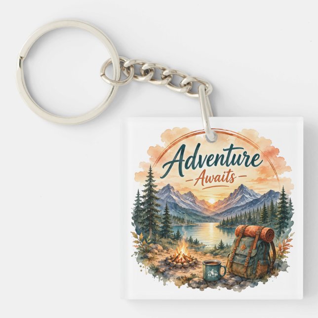 Adventure Awaits Mountain Lake Camping Sunset Keychain (Front)