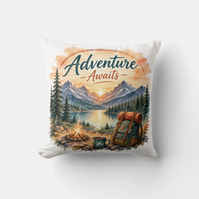 Adventure Awaits Mountain Lake Camping Sunset Throw Pillow (Front)