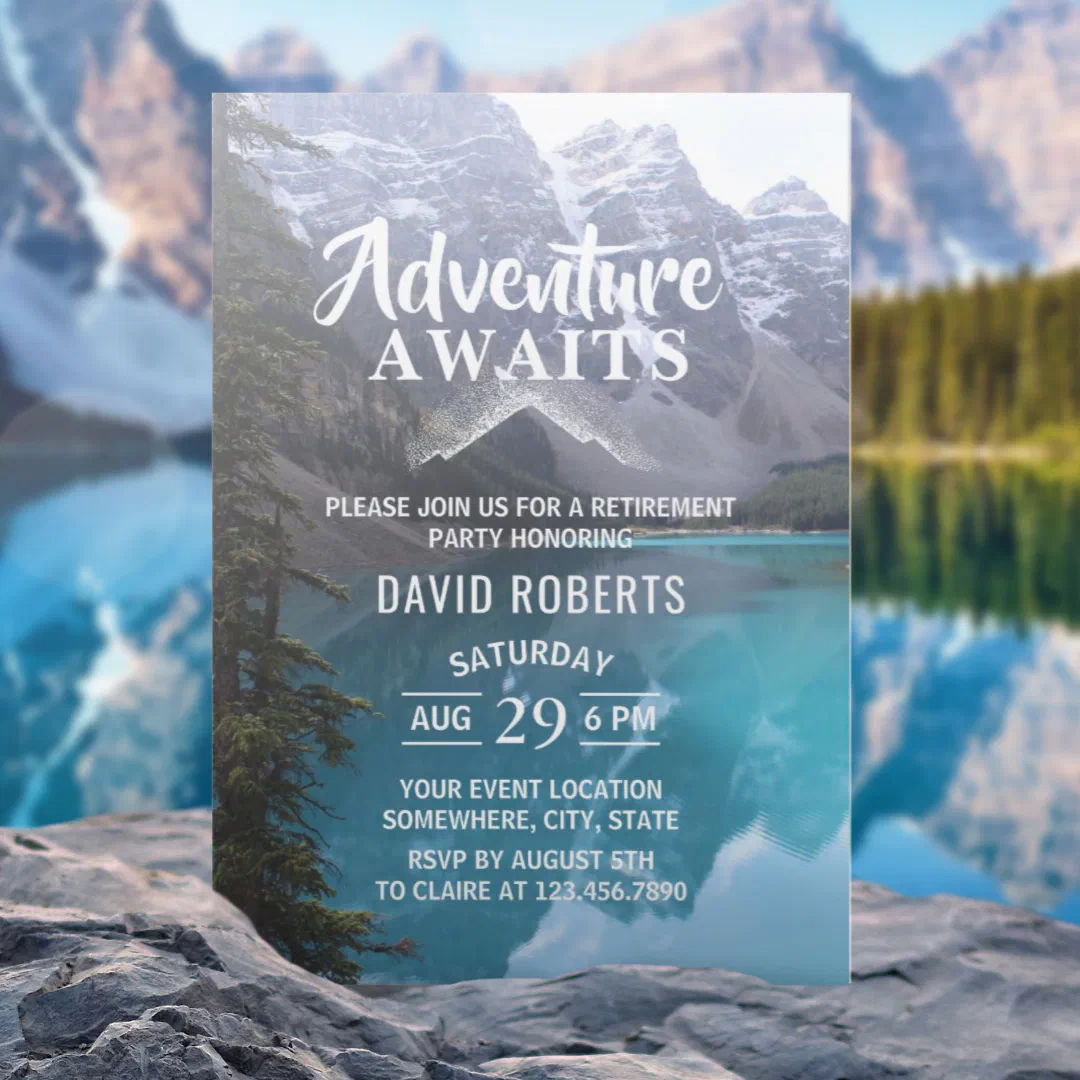 Adventure Awaits Mountain Lake Retirement Party Invitation (Creator Uploaded)