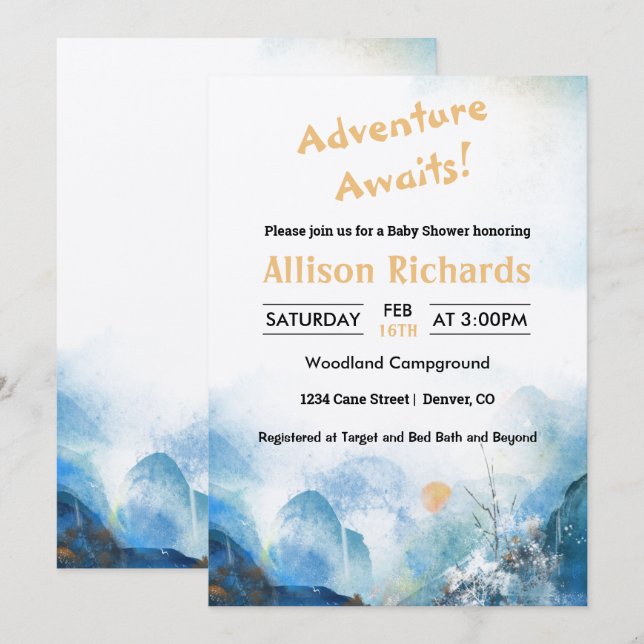 Adventure awaits mountain landscape baby shower    invitation (Front/Back)