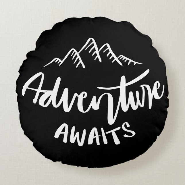 Adventure Awaits Mountain Quote Round Pillow (Front)
