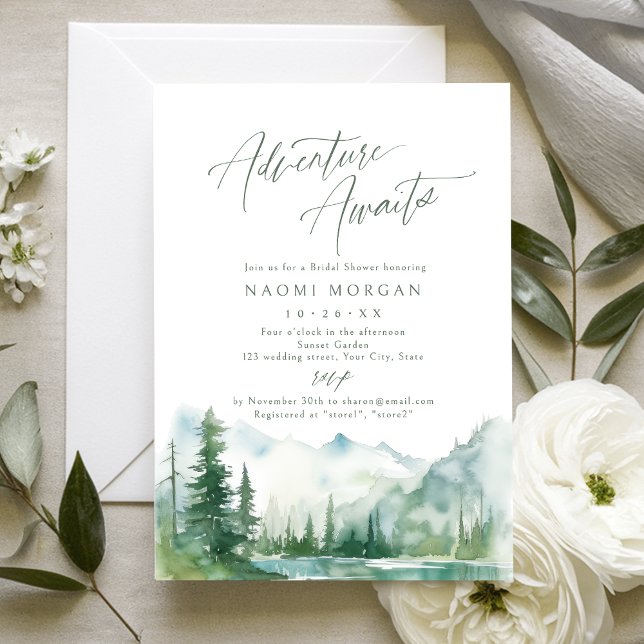Adventure Awaits Mountain Rustic Bridal Shower Invitation (Adventure Awaits Mountain Rustic Bridal Shower Invitation)