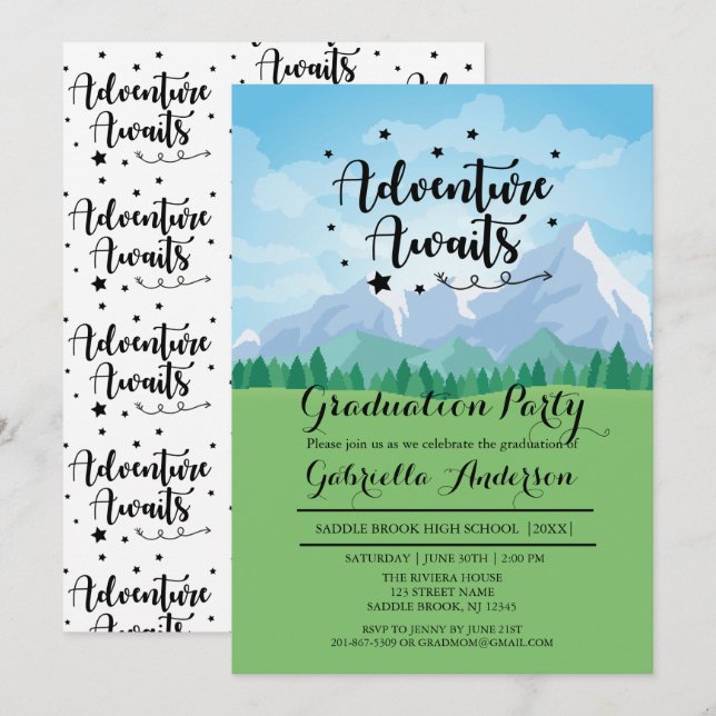 Adventure Awaits Mountain Scene Graduation Party Invitation (Front/Back)