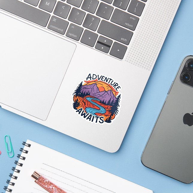 Adventure Awaits - Mountain Scene Sticker (Laptop w/ iPhone)