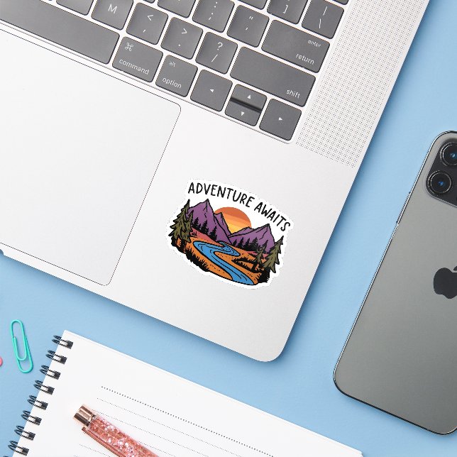 Adventure Awaits - Mountain Scene Sticker (Laptop w/ iPhone)