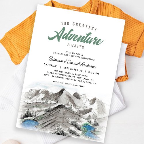 Adventure Awaits Mountains Couples Baby Shower Invitation