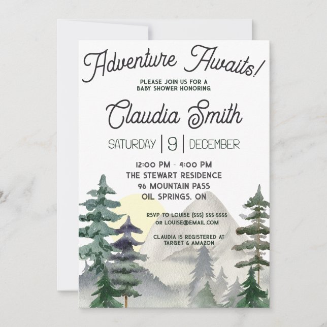 Adventure Awaits!  Mountains & Forest Baby Shower Invitation (Front)