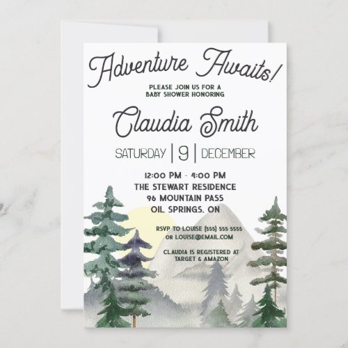 Adventure Awaits  Mountains  Forest Baby Shower Invitation