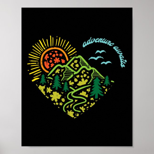 Adventure Awaits Mountains Sun Camping Hiking Wome Poster (Front)