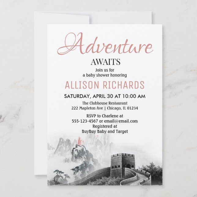 Adventure awaits mountains travel baby shower invitation (Front)